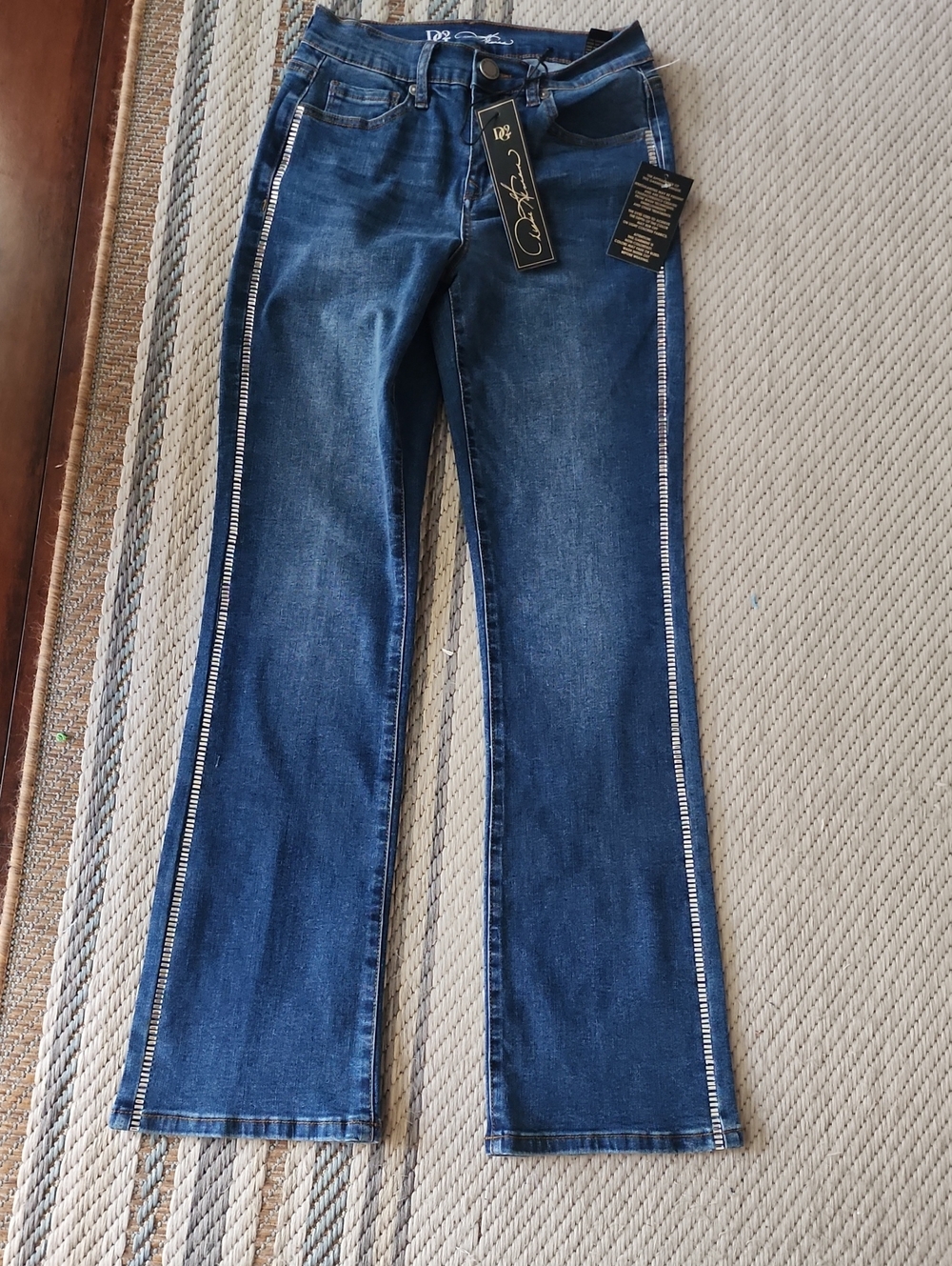 Women's Dark Blue Flared Jeans with Side Rhinestone Trim